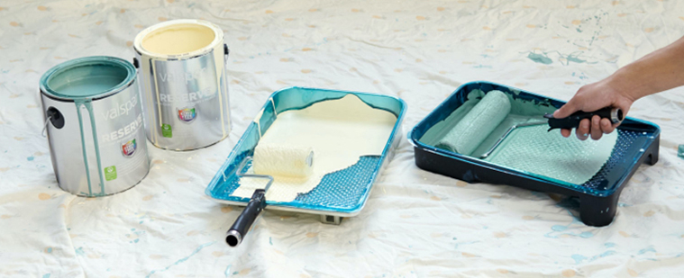 Blue Paint in Tray on Dropcloth