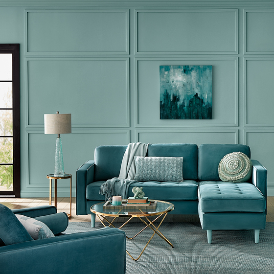 Monochromatic living room is drenched in shades of Renew Blue.