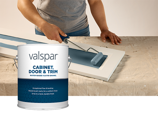 Valspar Cabinet & Furniture Oil-Enriched Enamel container shown during cabinet painting, illustrating a smooth, durable furniture finish.